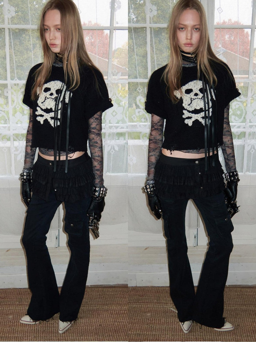 Skull Jacquard Knit Ripped Fitted Punk Women's Cotton Crop Tops