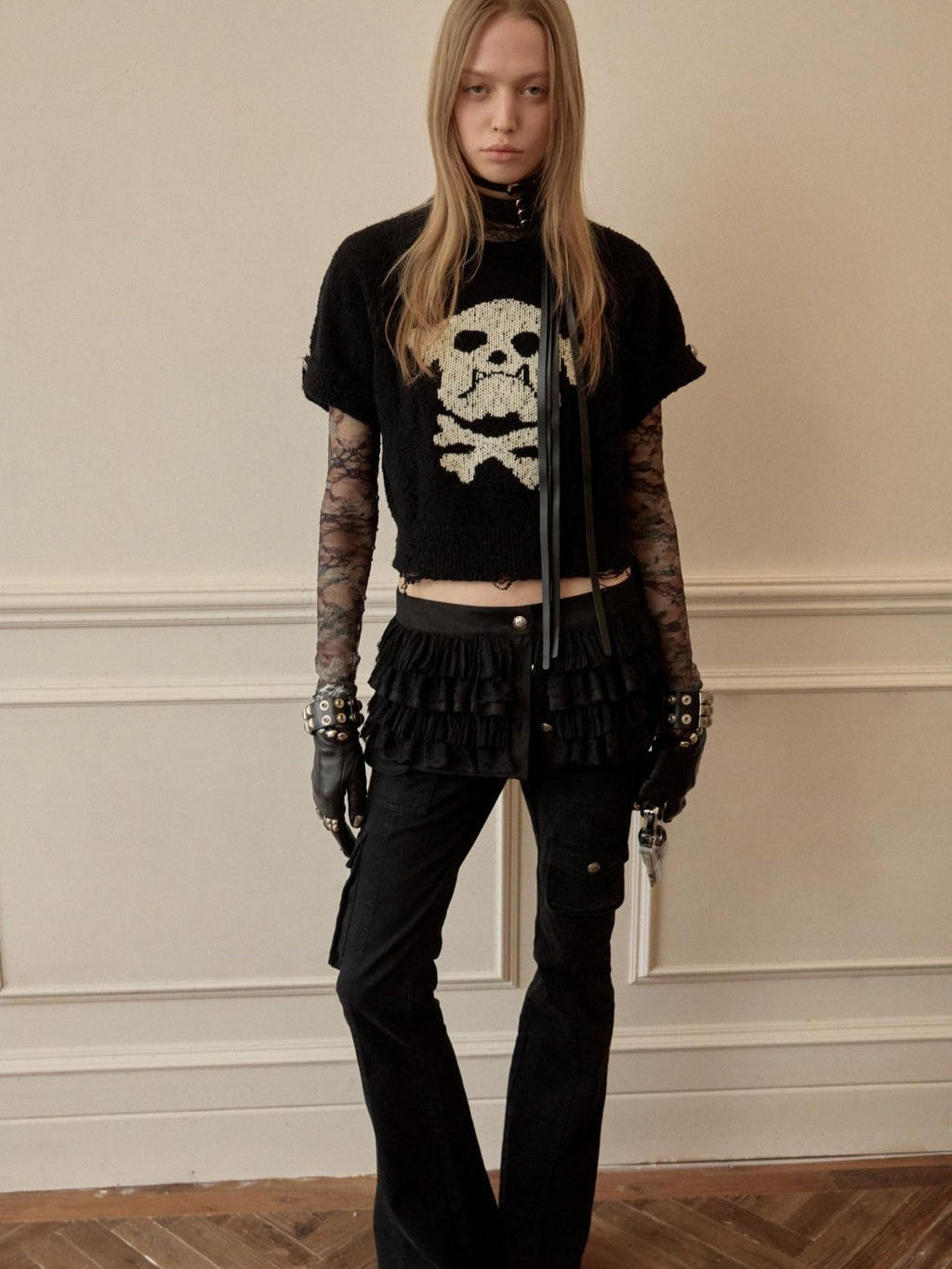 Skull Jacquard Knit Ripped Fitted Punk Women's Cotton Crop Tops