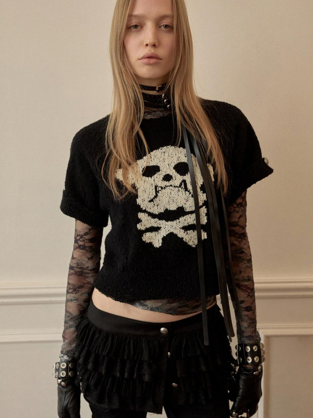 Skull Jacquard Knit Ripped Fitted Punk Women's Cotton Crop Tops