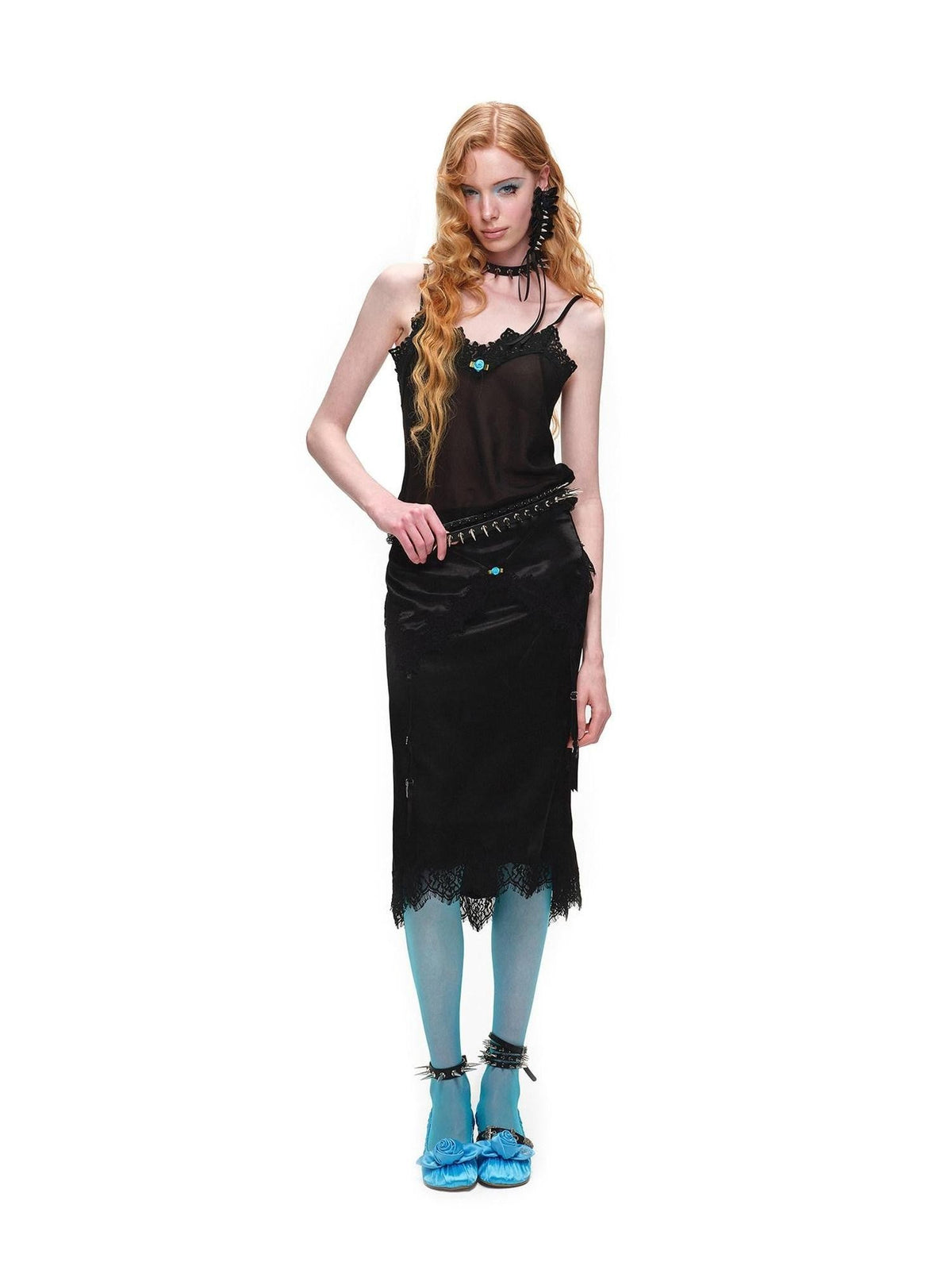 Slimming Deconstructed Lace Paneled Bodycon Women's Satin Midi Skirts