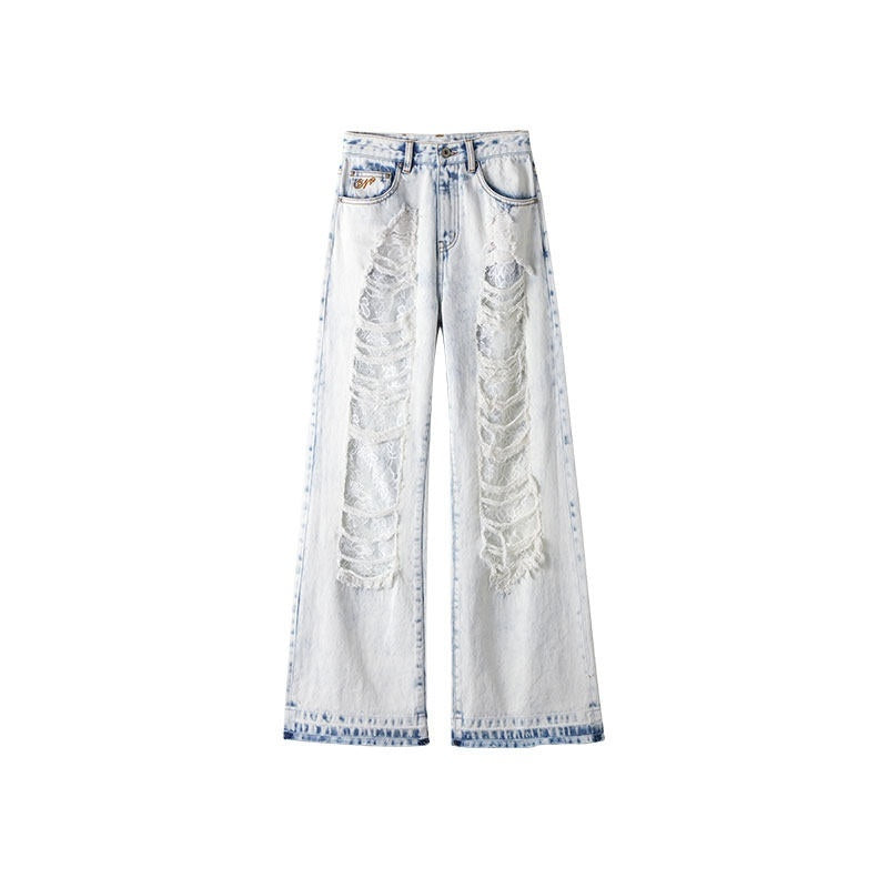 Slimming Ripped Lace Vintage Washed Distressed Women's Denim Straight-leg Jeans