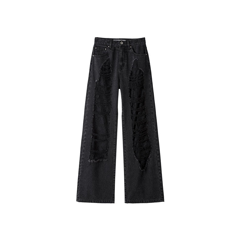 Slimming Ripped Lace Vintage Washed Distressed Women's Denim Straight-leg Jeans