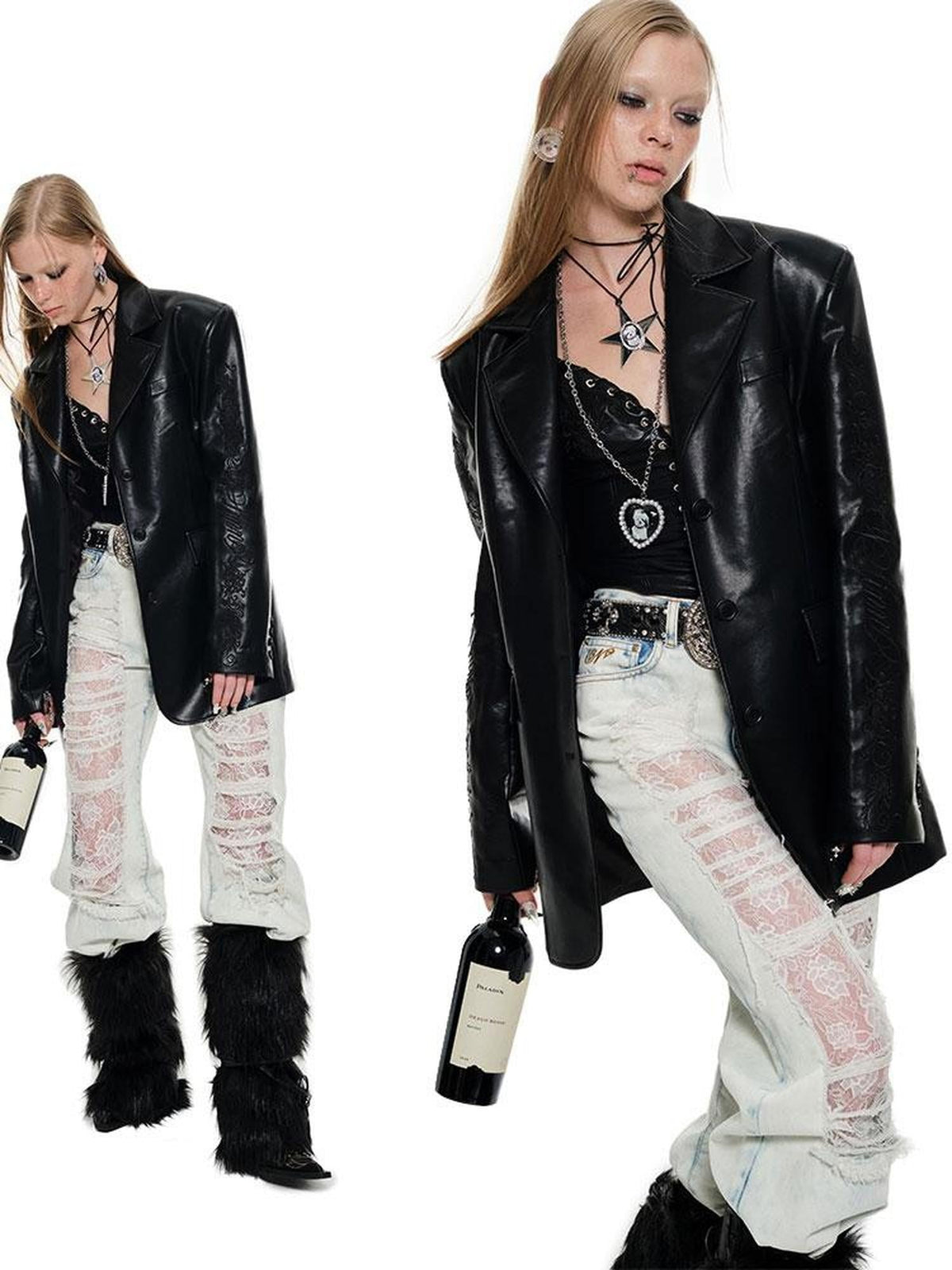 Slimming Ripped Lace Vintage Washed Distressed Women's Denim Straight-leg Jeans