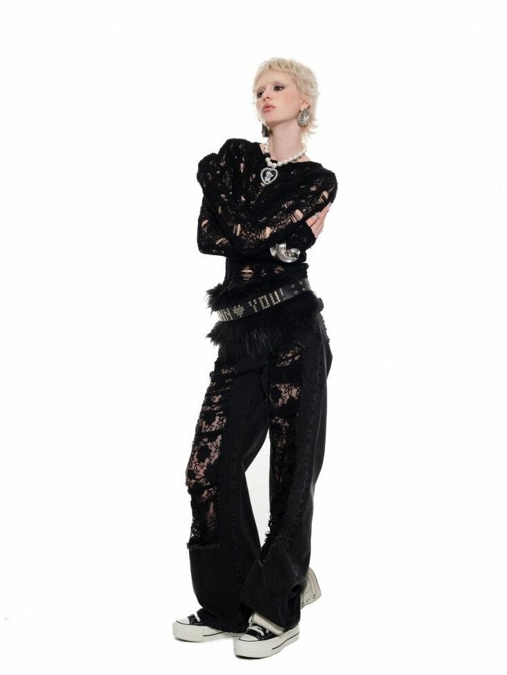 Slimming Ripped Lace Vintage Washed Distressed Women's Denim Straight-leg Jeans