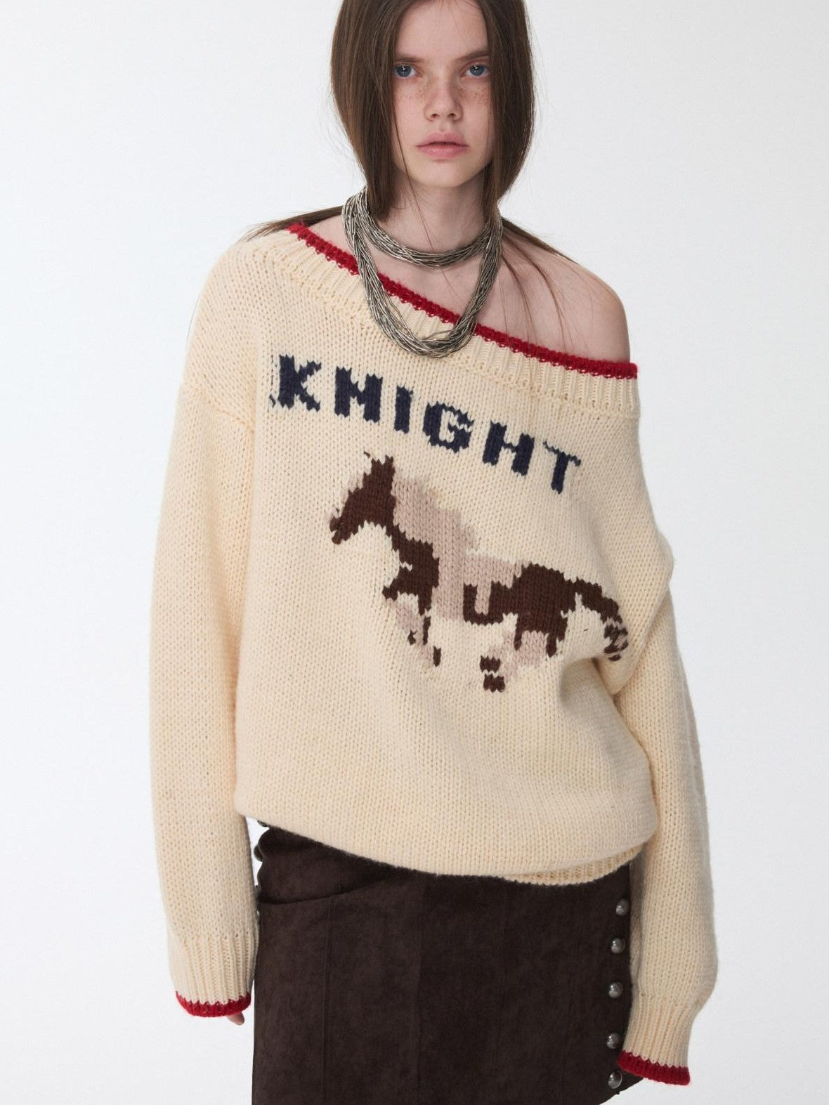 Slouchy Fair Isle Jacquard Chunky Women's Acrylic Wool Off-shoulder Sweaters