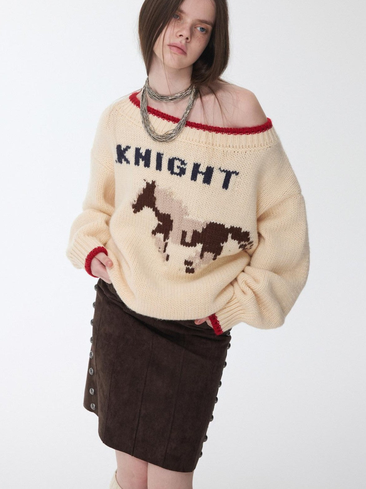 Slouchy Fair Isle Jacquard Chunky Women's Acrylic Wool Off-shoulder Sweaters