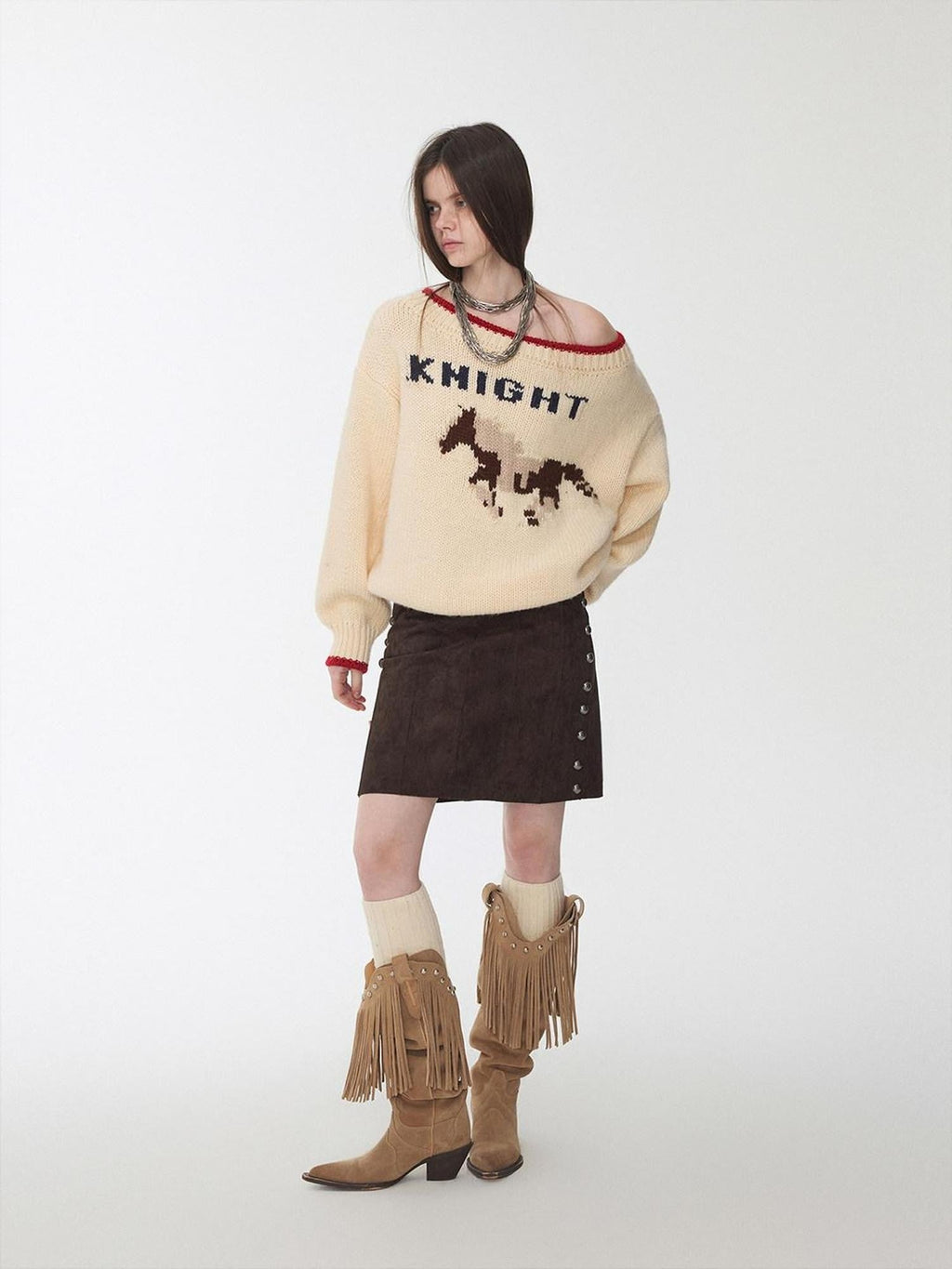 Slouchy Fair Isle Jacquard Chunky Women's Acrylic Wool Off-shoulder Sweaters