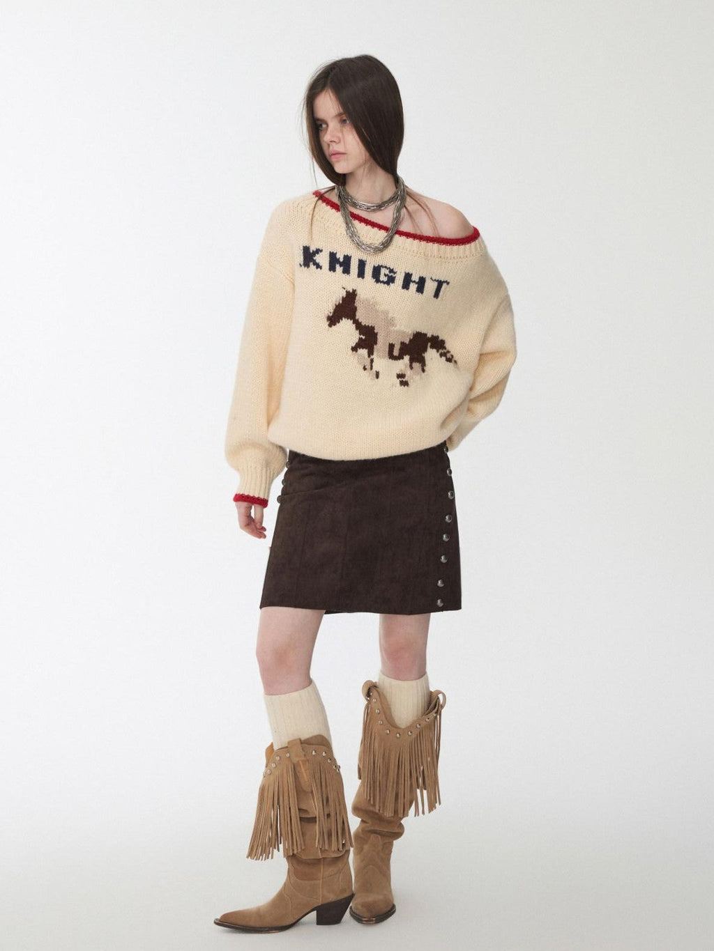 Slouchy Fair Isle Jacquard Chunky Women's Acrylic Wool Off-shoulder Sweaters