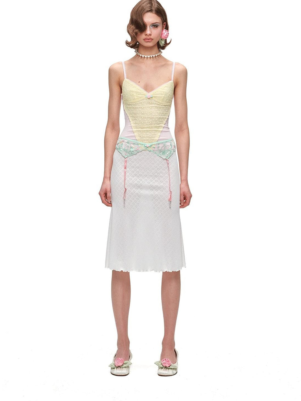 Small Rose Jacquard V-neck Colorblock Cinched Waist Women's Knit Camisoles