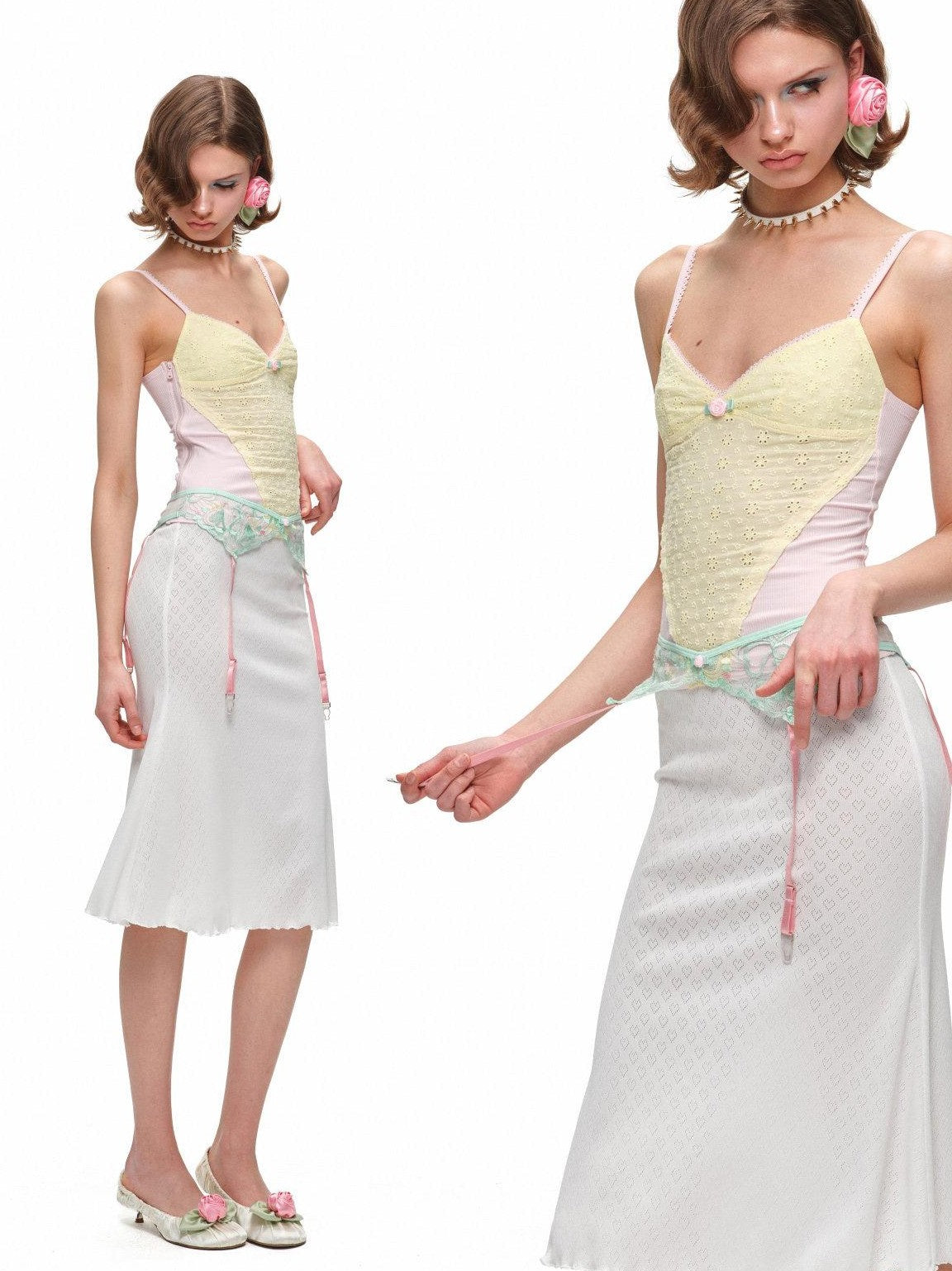 Small Rose Jacquard V-neck Colorblock Cinched Waist Women's Knit Camisoles