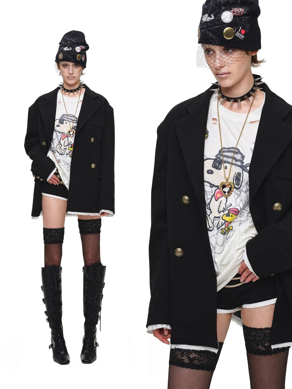 Spliced Colorblock Faux Two Piece Double Breasted Wide Shoulder Women's Blazers