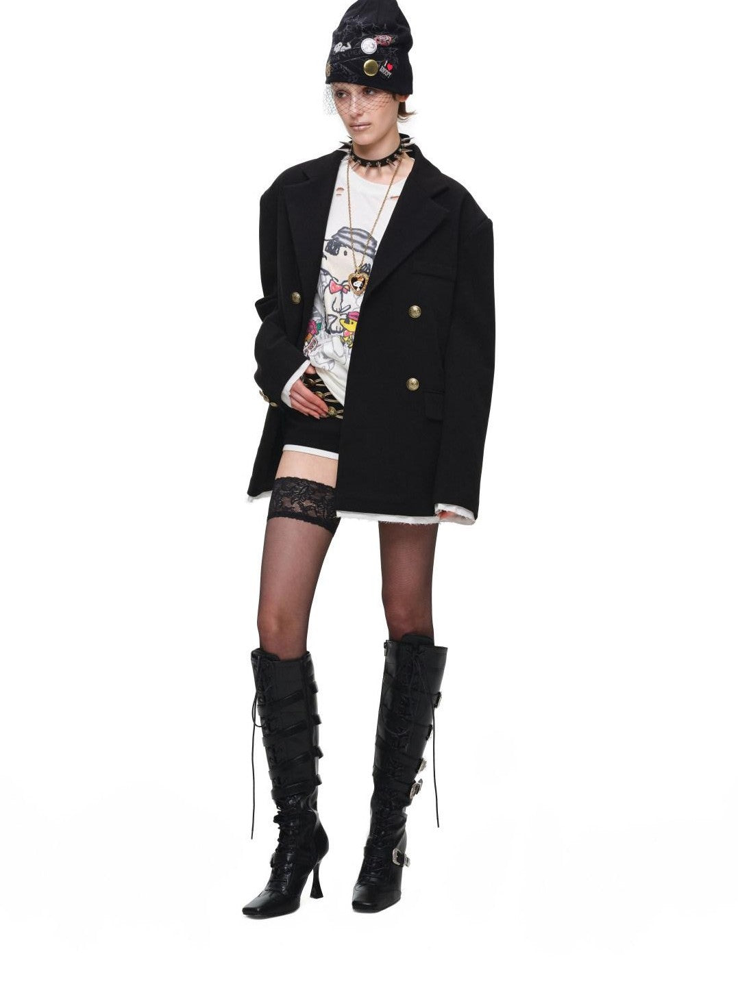 Spliced Colorblock Faux Two Piece Double Breasted Wide Shoulder Women's Blazers