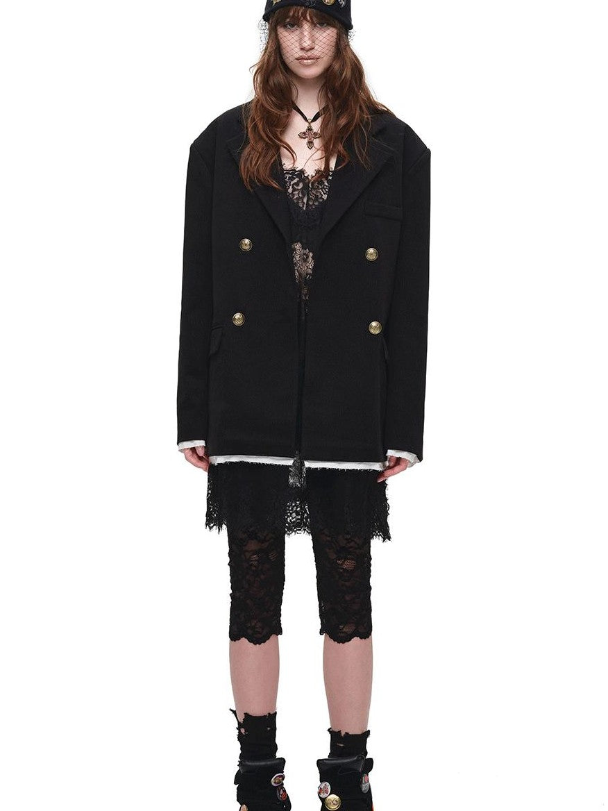 Spliced Colorblock Faux Two Piece Double Breasted Wide Shoulder Women's Blazers