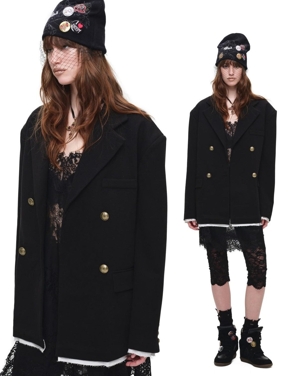 Spliced Colorblock Faux Two Piece Double Breasted Wide Shoulder Women's Blazers