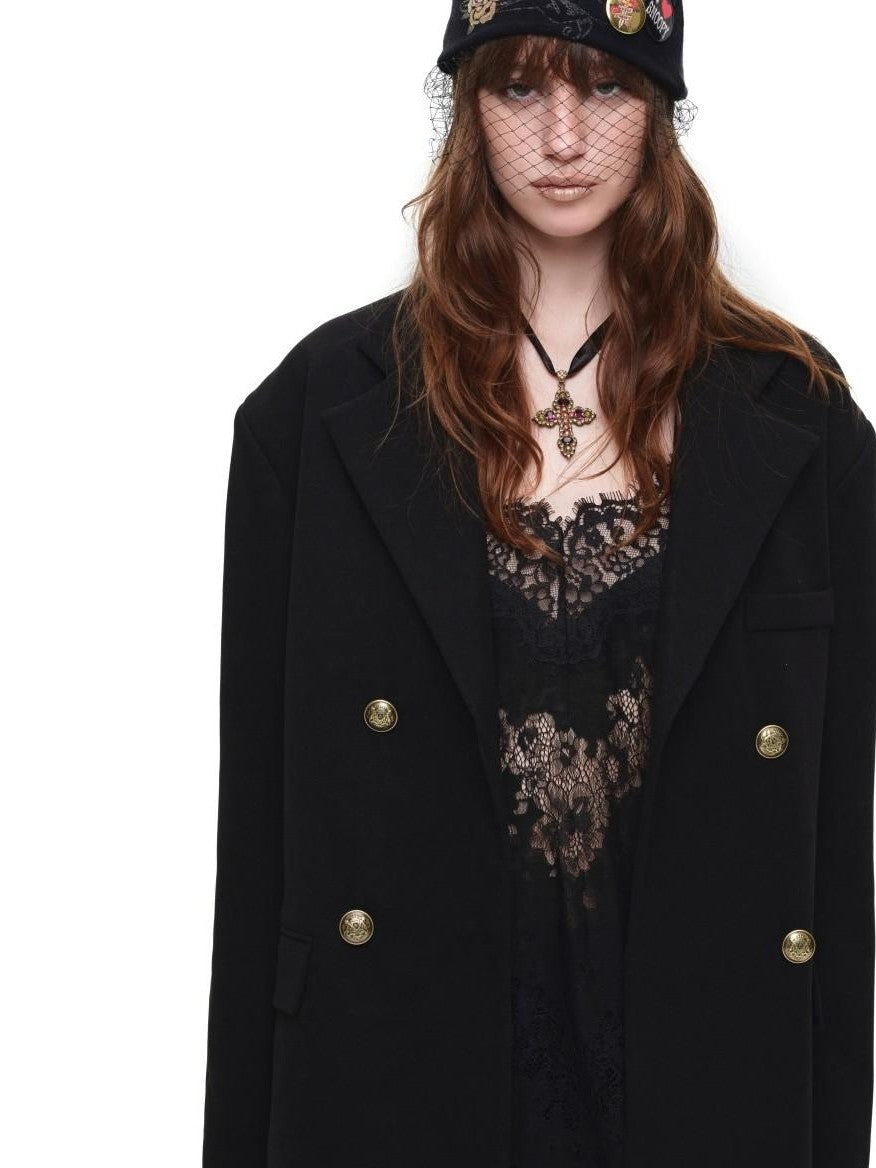 Spliced Colorblock Faux Two Piece Double Breasted Wide Shoulder Women's Blazers