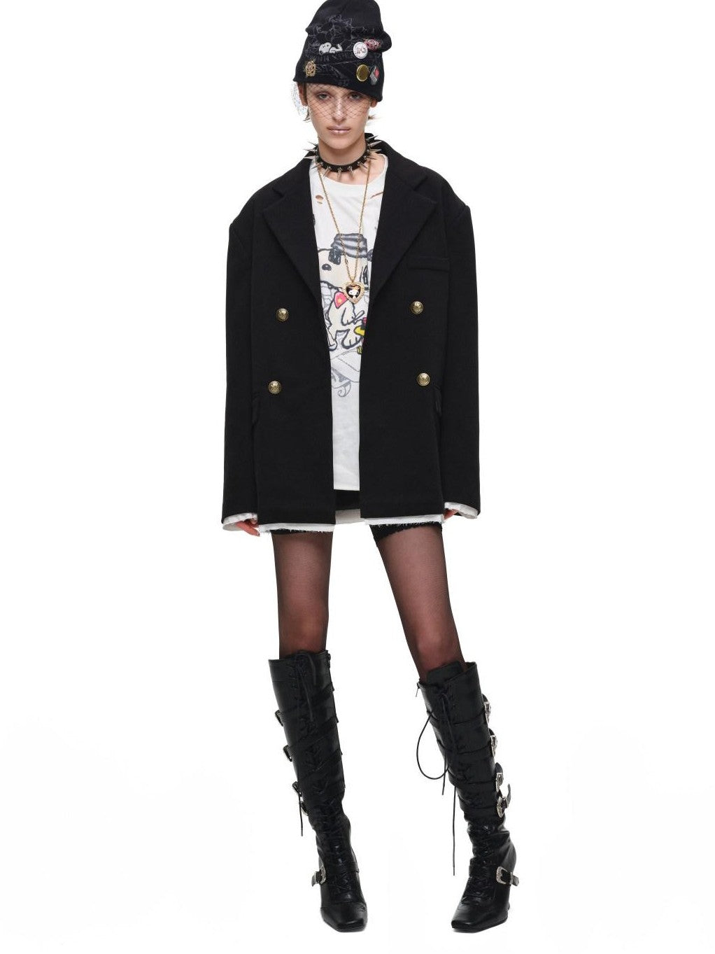 Spliced Colorblock Faux Two Piece Double Breasted Wide Shoulder Women's Blazers