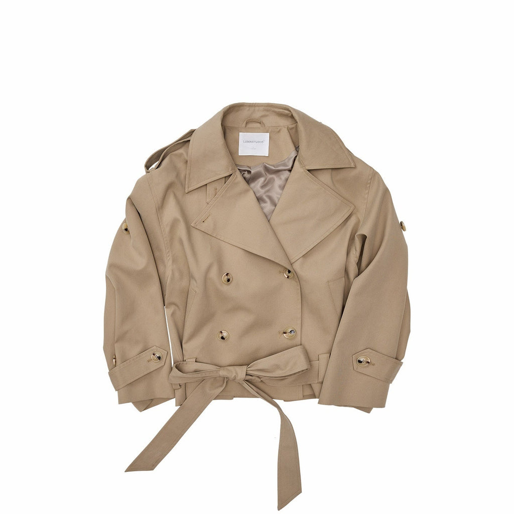 Stand Collar Curved Shoulder Double Breasted Belted Women's Trench Coats