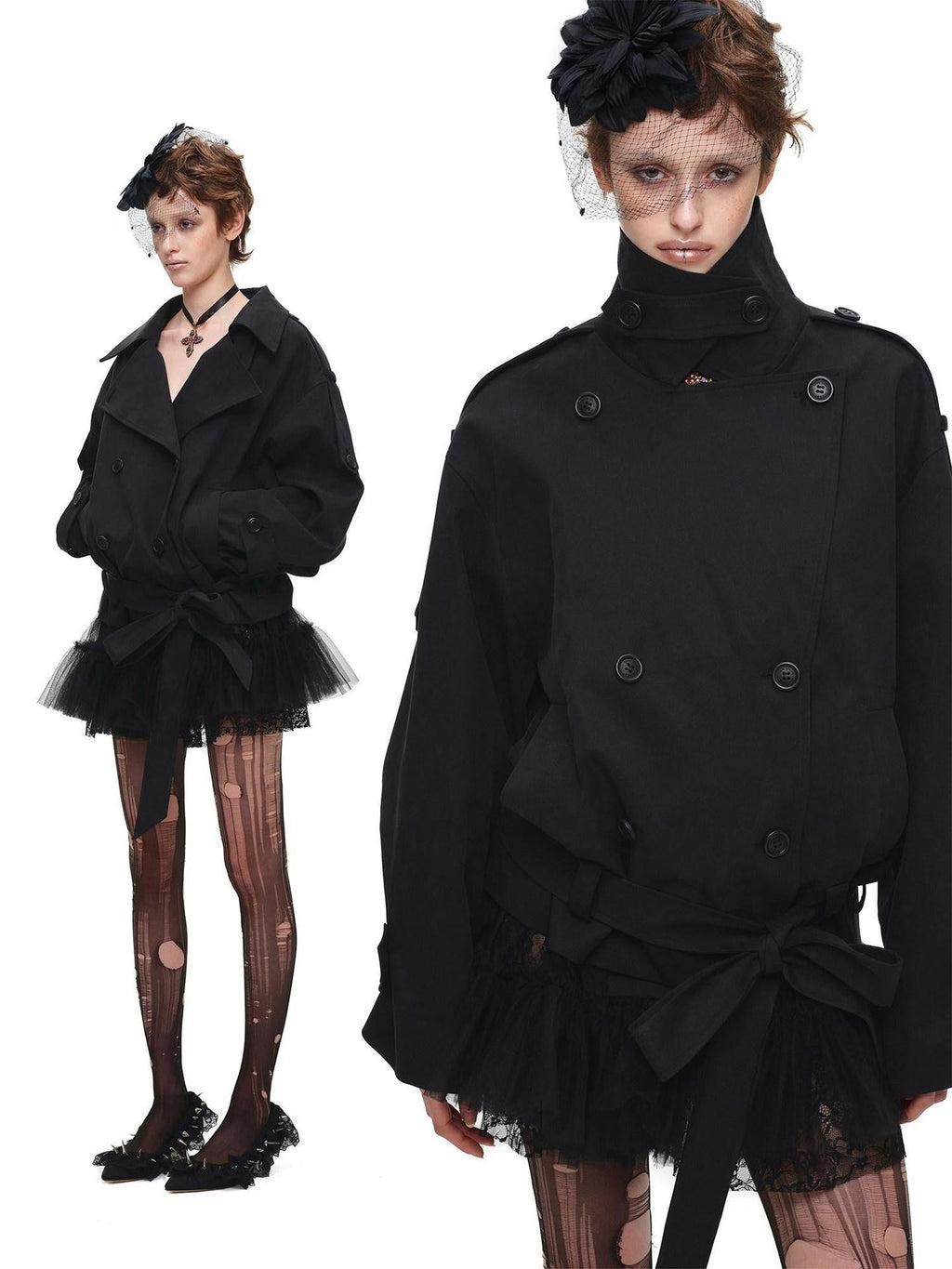 Stand Collar Curved Shoulder Double Breasted Belted Women's Trench Coats