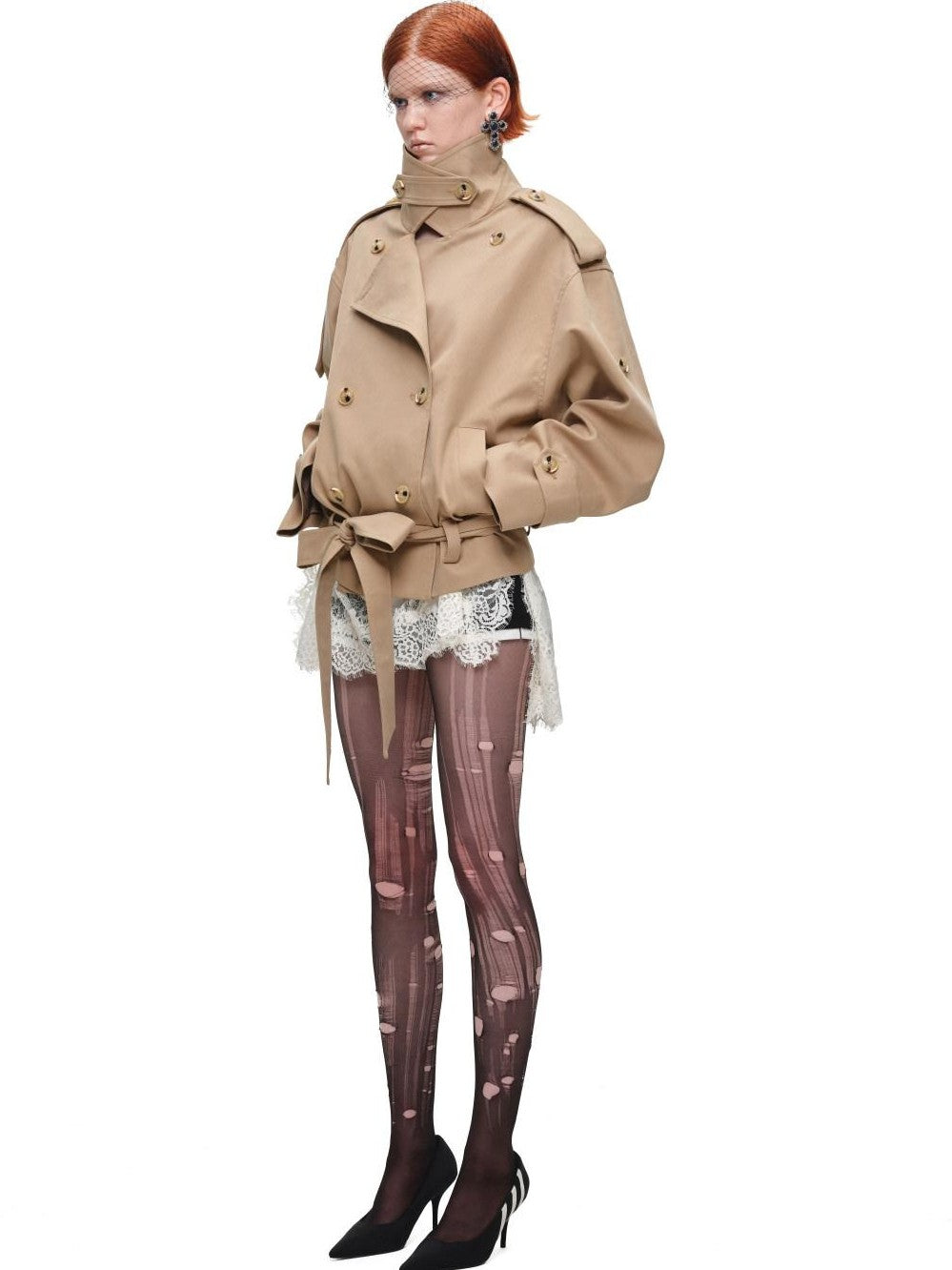 Stand Collar Curved Shoulder Double Breasted Belted Women's Trench Coats