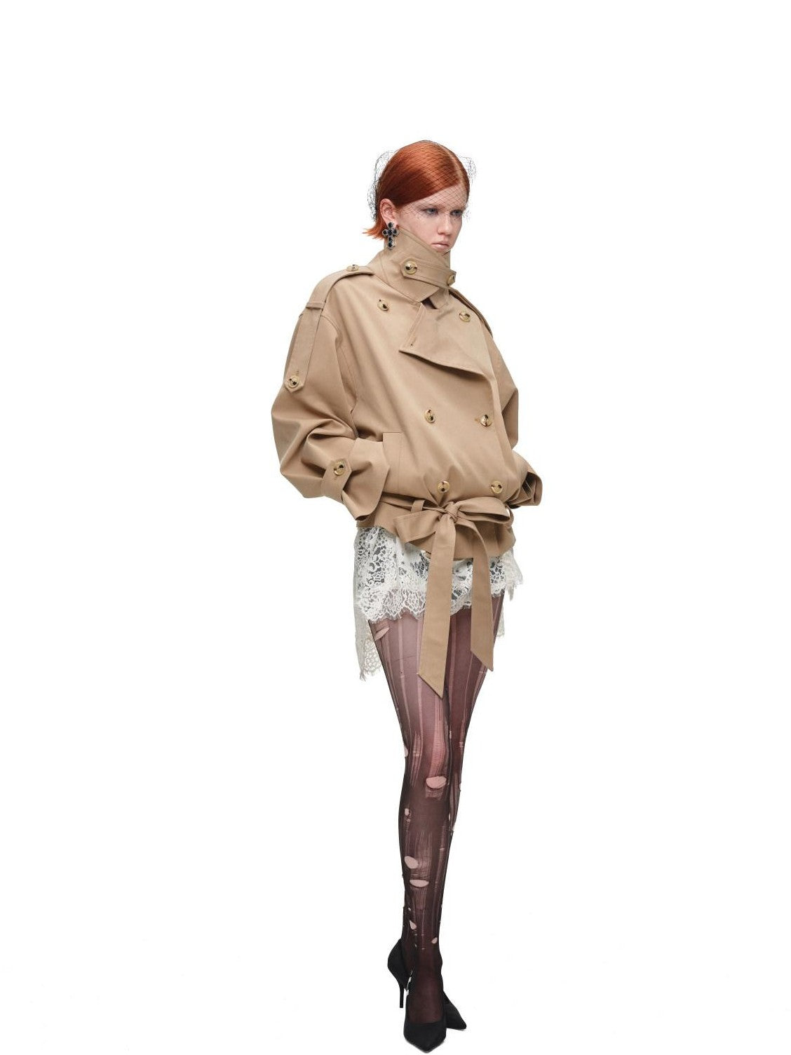 Stand Collar Curved Shoulder Double Breasted Belted Women's Trench Coats