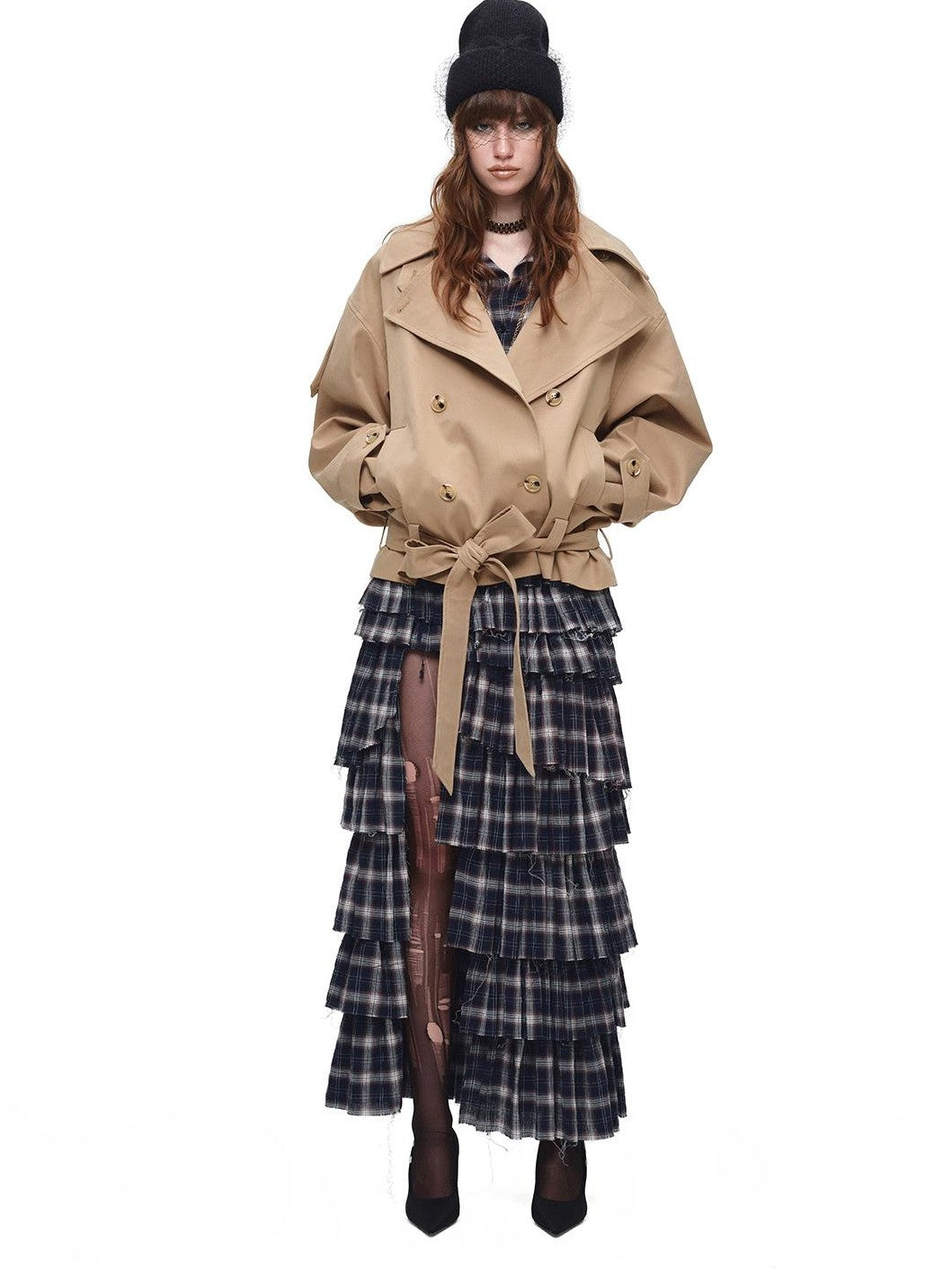 Stand Collar Curved Shoulder Double Breasted Belted Women's Trench Coats