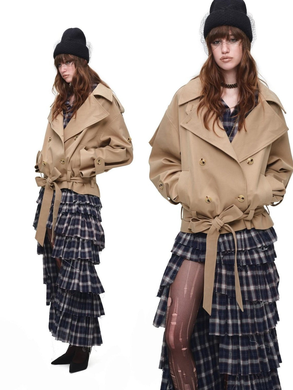Stand Collar Curved Shoulder Double Breasted Belted Women's Trench Coats