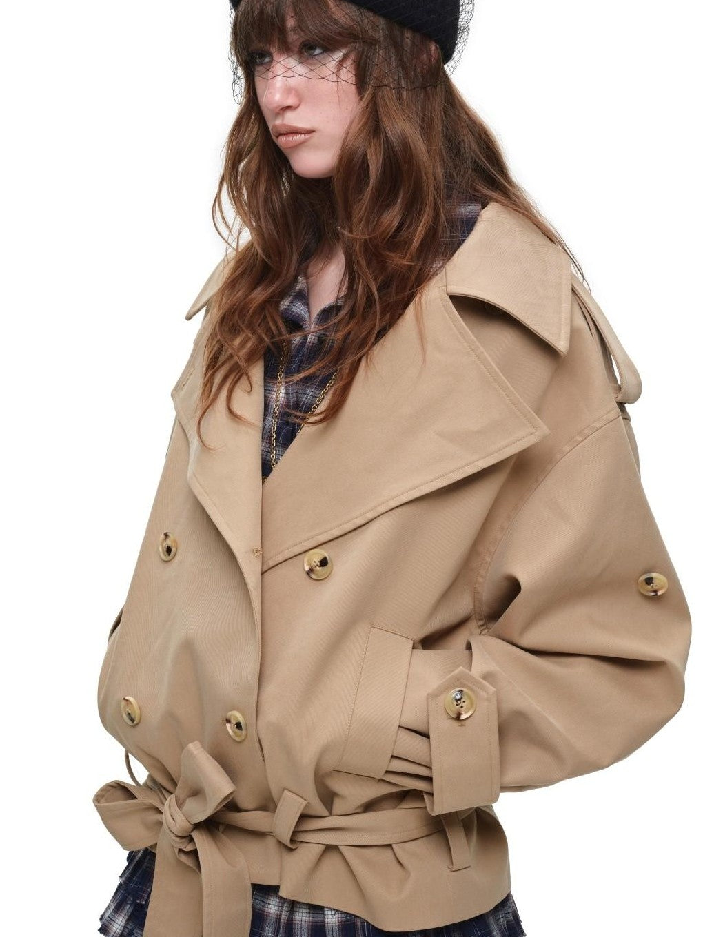 Stand Collar Curved Shoulder Double Breasted Belted Women's Trench Coats