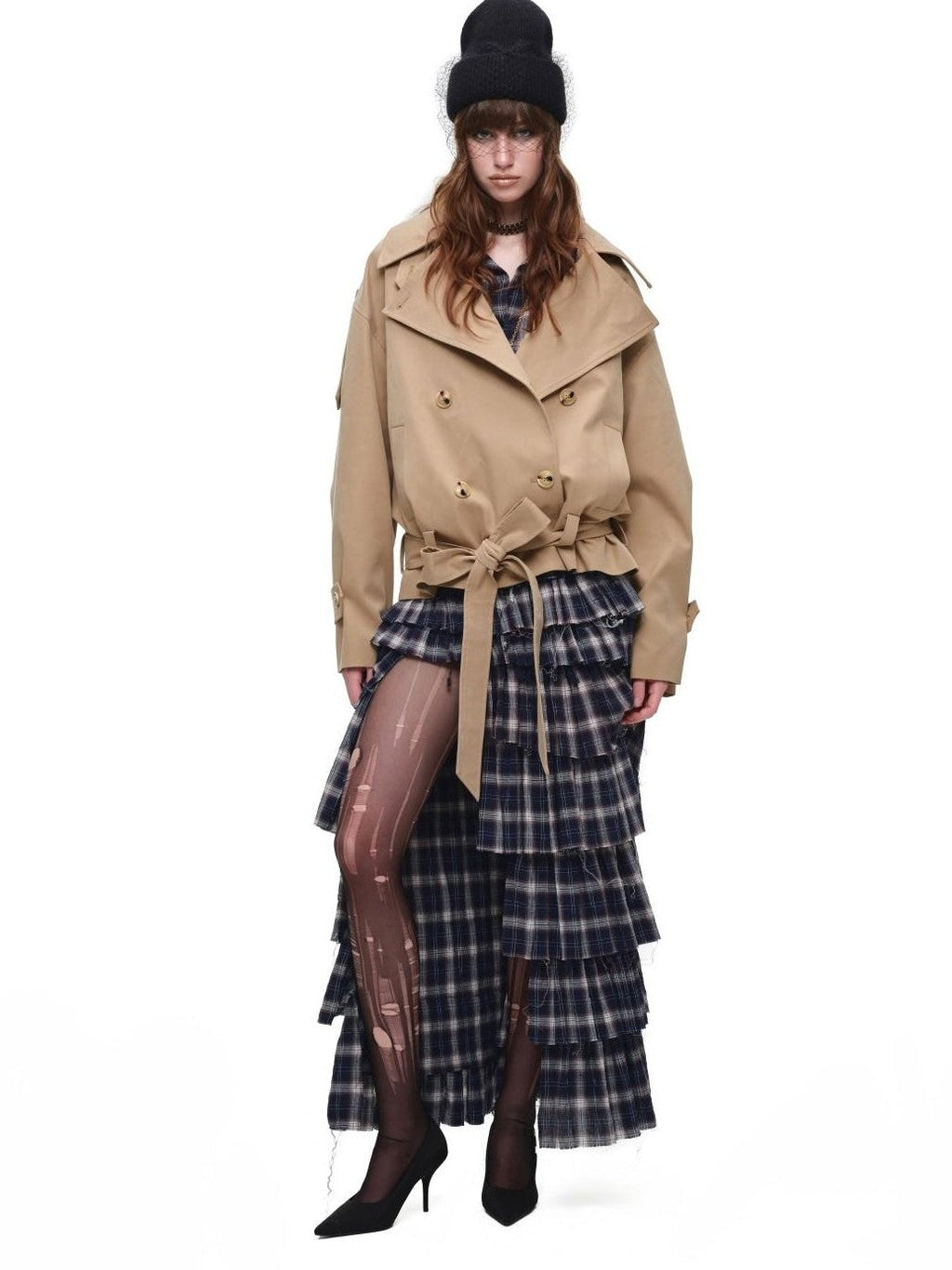 Stand Collar Curved Shoulder Double Breasted Belted Women's Trench Coats
