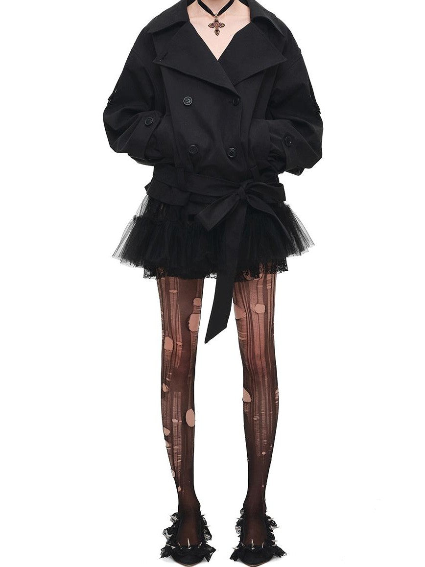Stand Collar Curved Shoulder Double Breasted Belted Women's Trench Coats