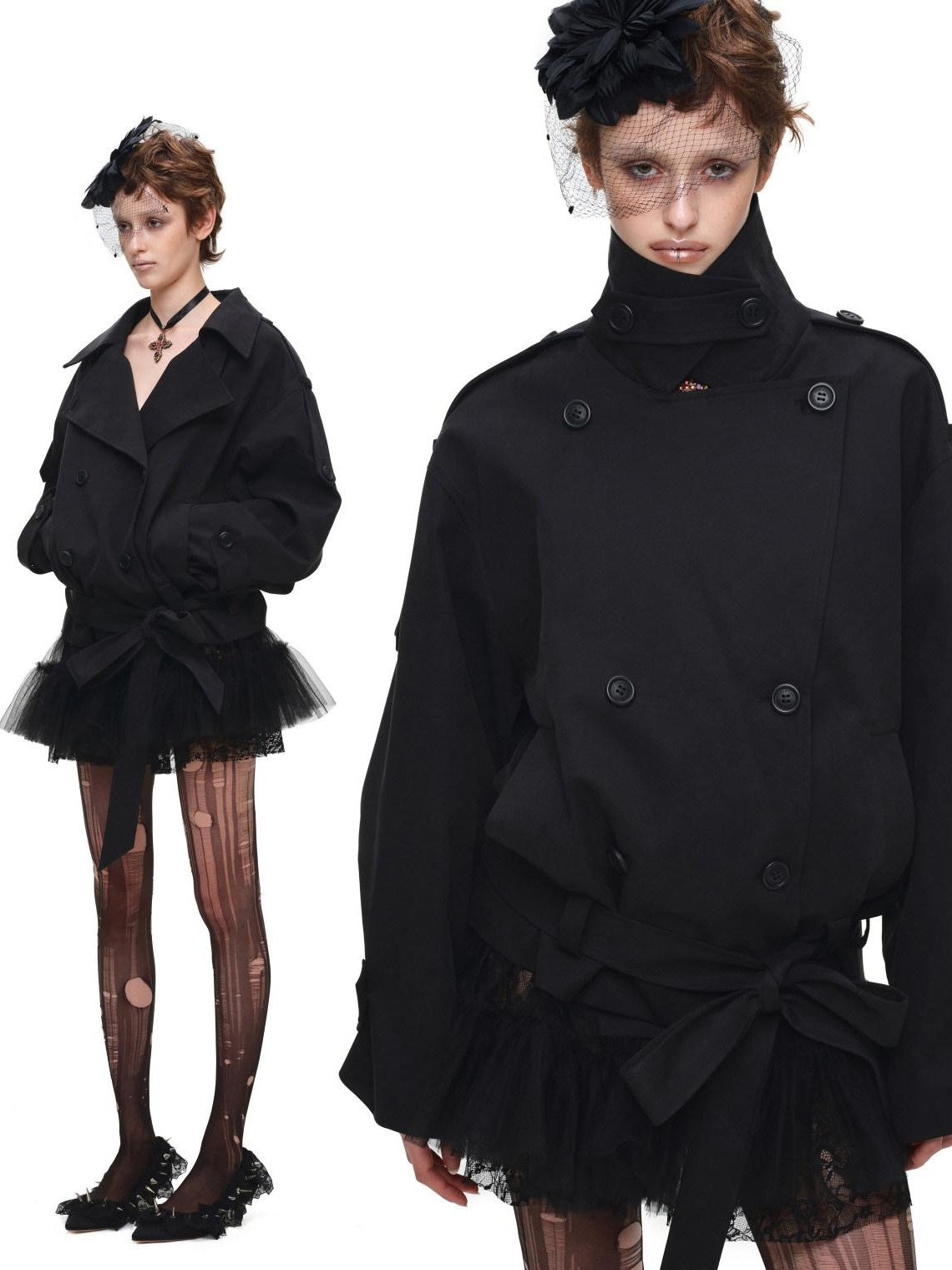 Stand Collar Curved Shoulder Double Breasted Belted Women's Trench Coats