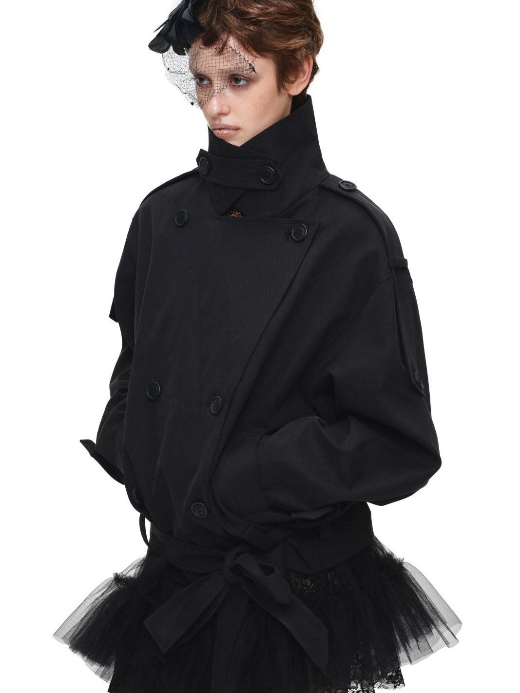 Stand Collar Curved Shoulder Double Breasted Belted Women's Trench Coats