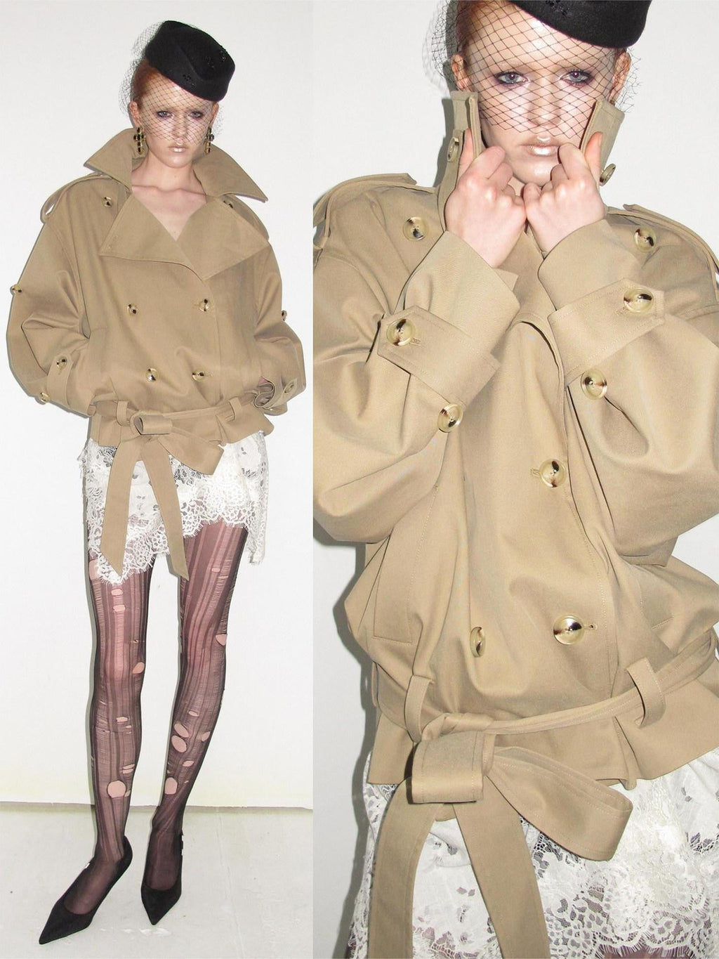 Stand Collar Curved Shoulder Double Breasted Belted Women's Trench Coats