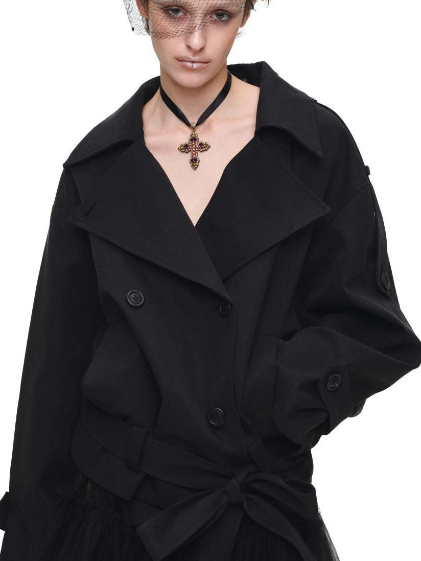 Stand Collar Curved Shoulder Double Breasted Belted Women's Trench Coats