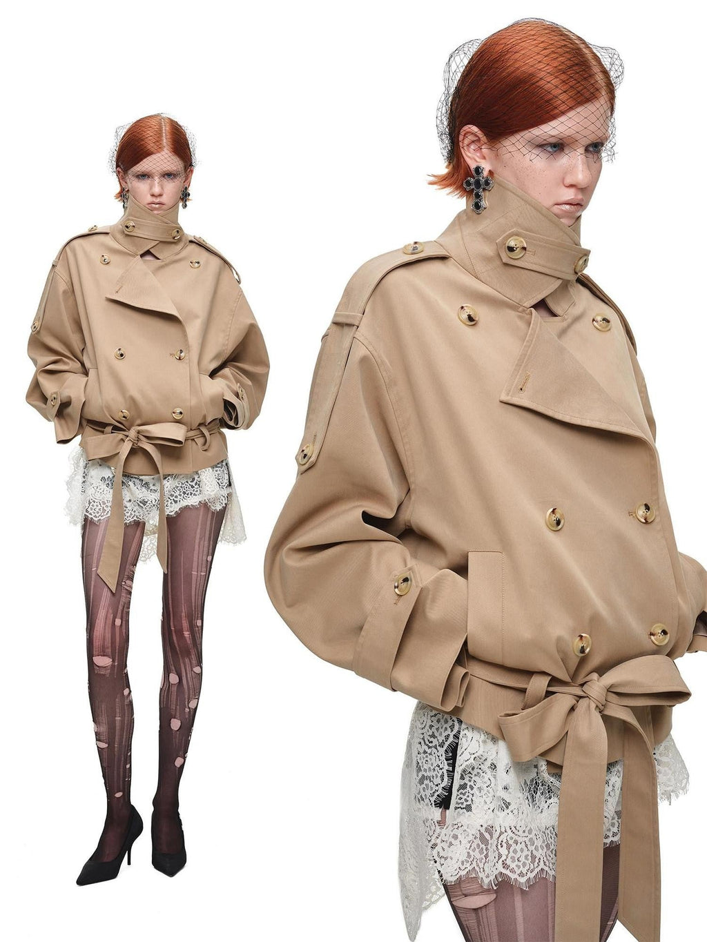 Stand Collar Curved Shoulder Double Breasted Belted Women's Trench Coats