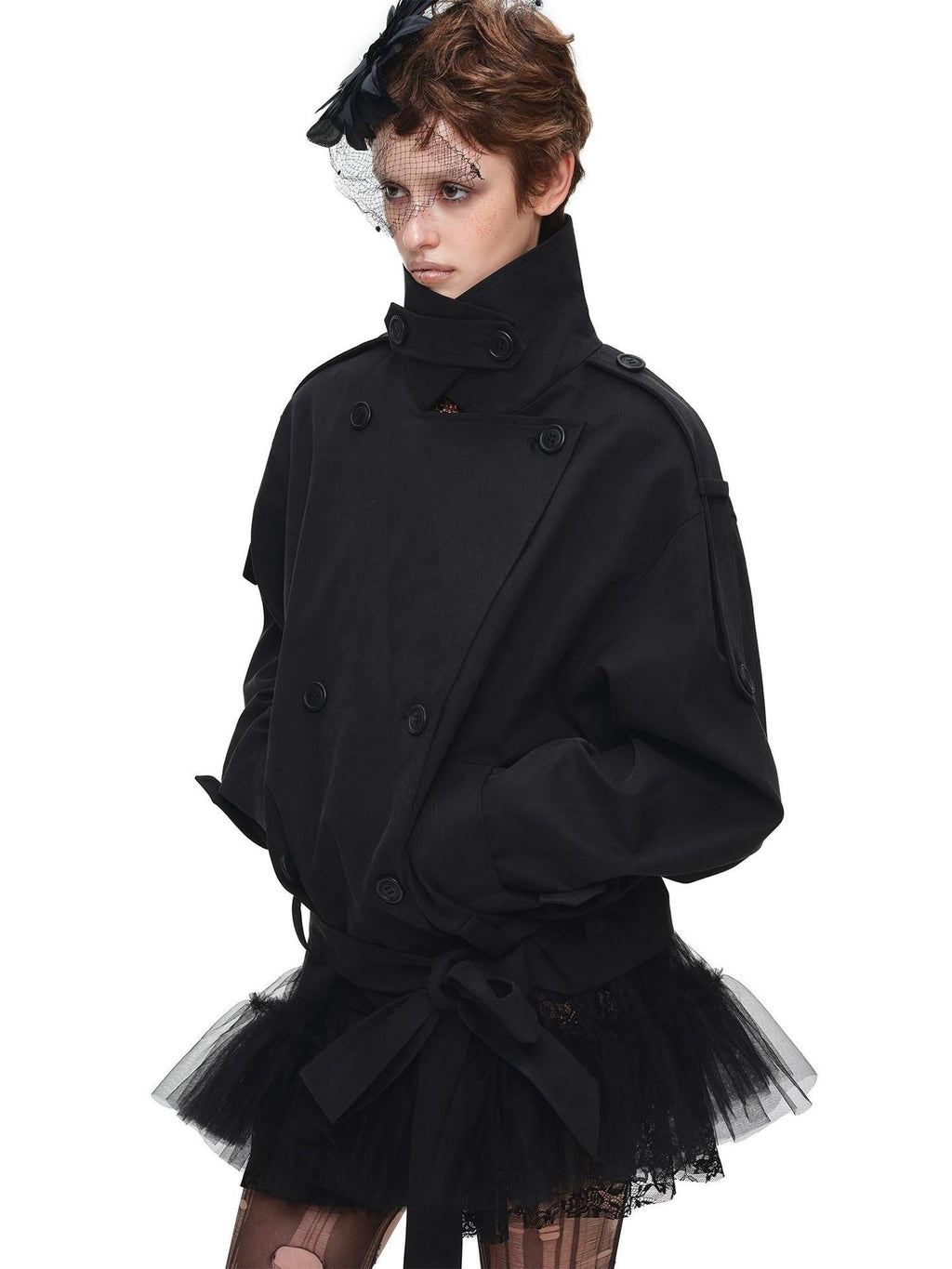 Stand Collar Curved Shoulder Double Breasted Belted Women's Trench Coats
