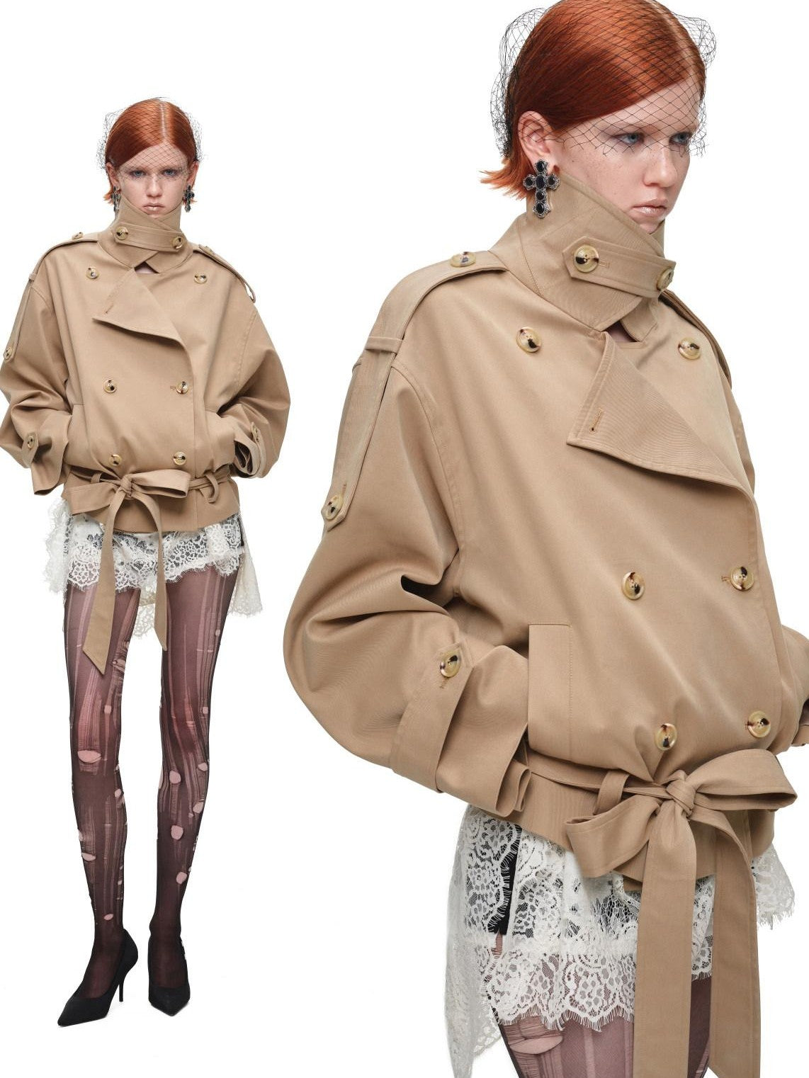 Stand Collar Curved Shoulder Double Breasted Belted Women's Trench Coats