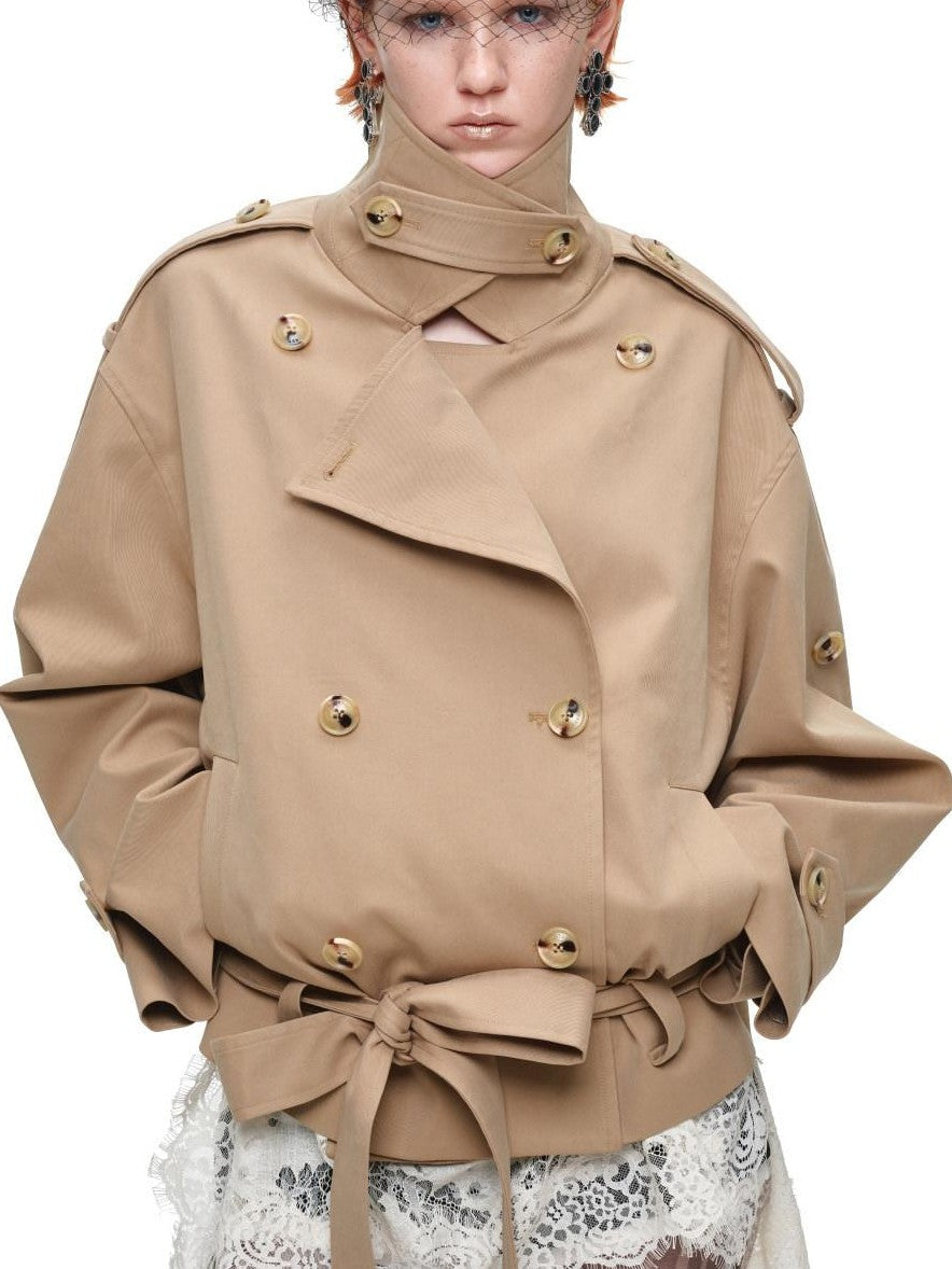 Stand Collar Curved Shoulder Double Breasted Belted Women's Trench Coats