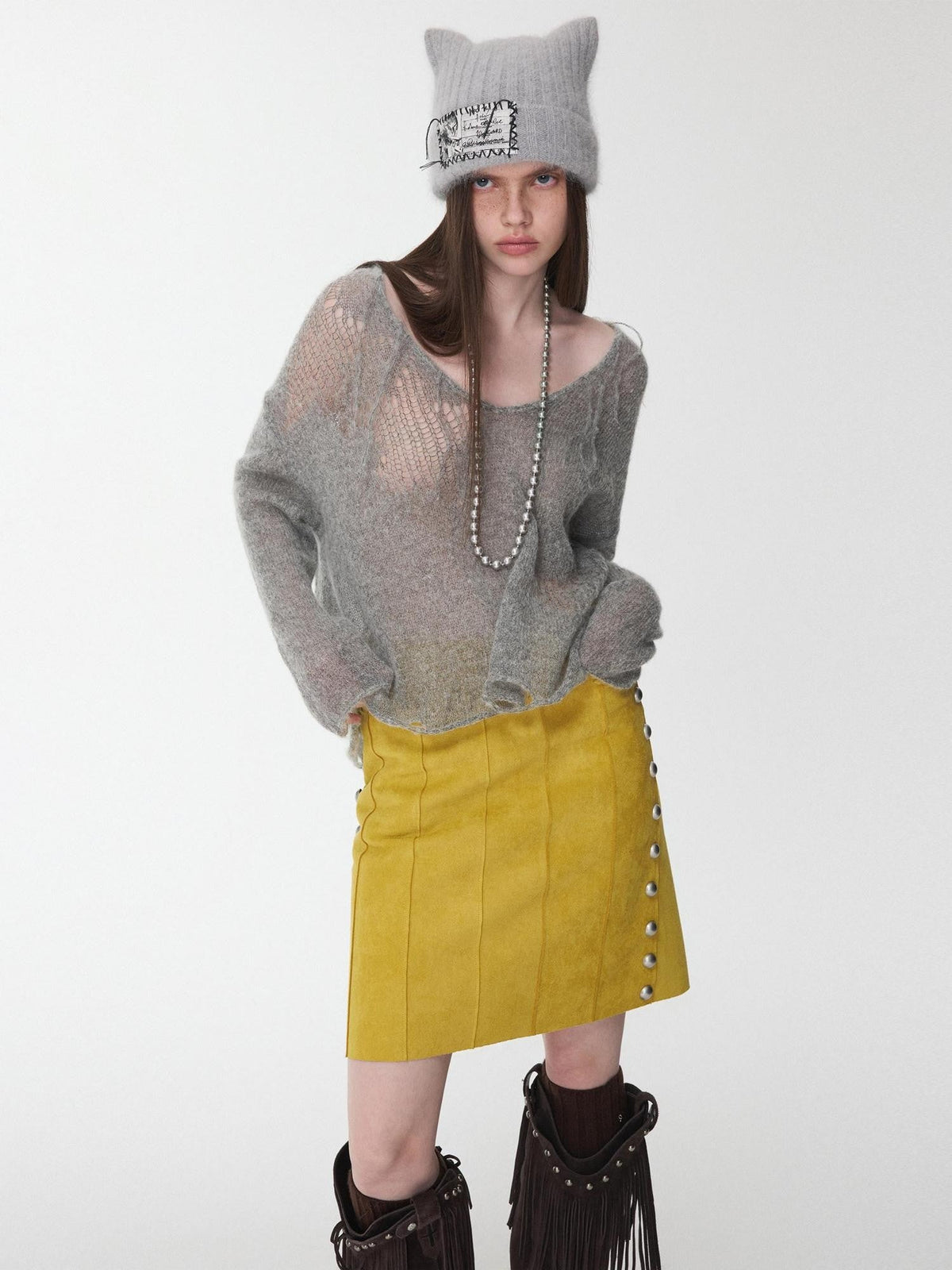 Star Cutout V-neck Sheer Relaxed Knit Women's Mohair Sweaters