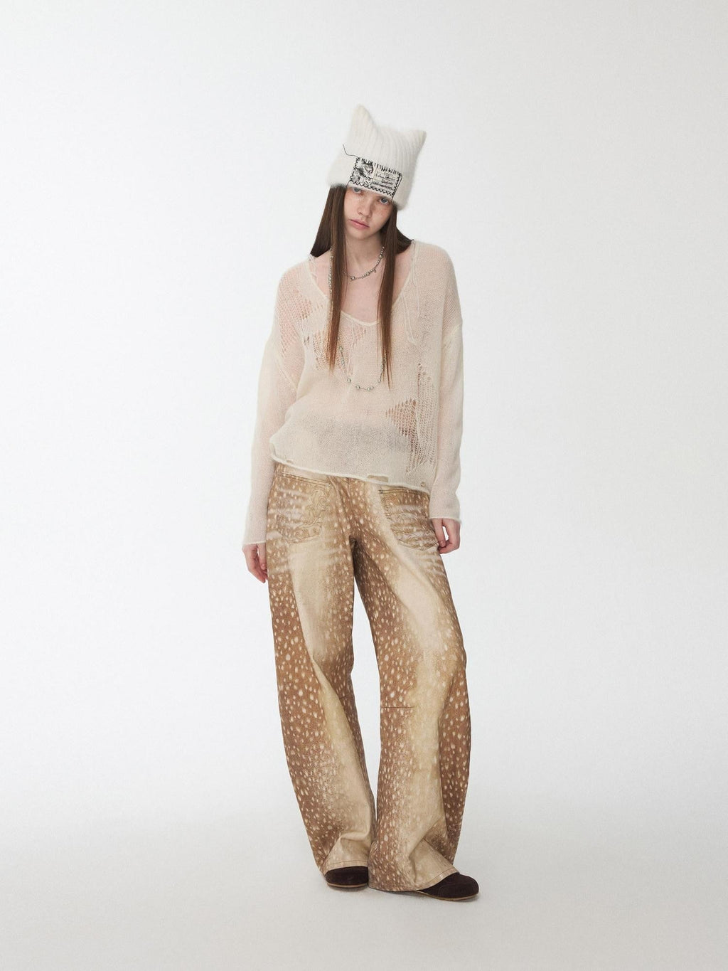 Star Cutout V-neck Sheer Relaxed Knit Women's Mohair Sweaters