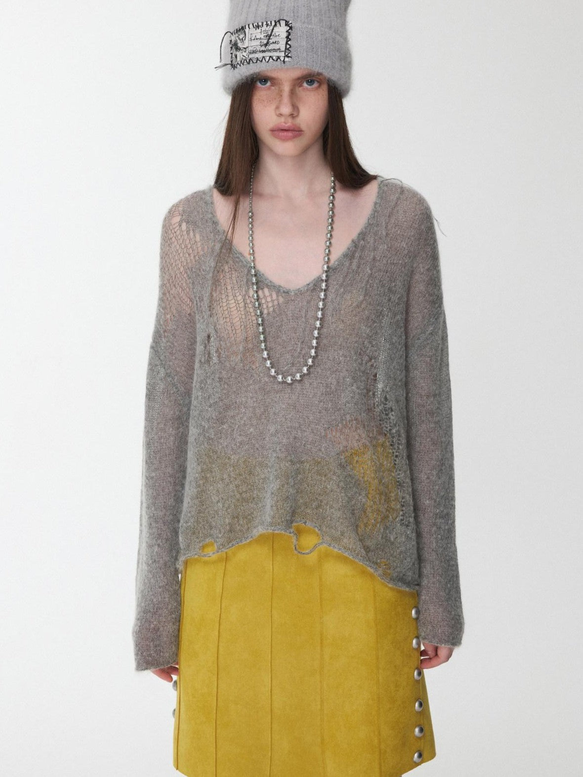 Star Cutout V-neck Sheer Relaxed Knit Women's Mohair Sweaters