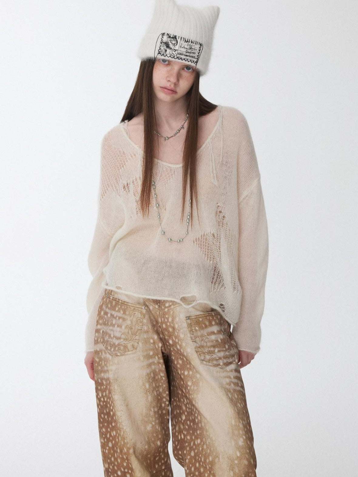 Star Cutout V-neck Sheer Relaxed Knit Women's Mohair Sweaters
