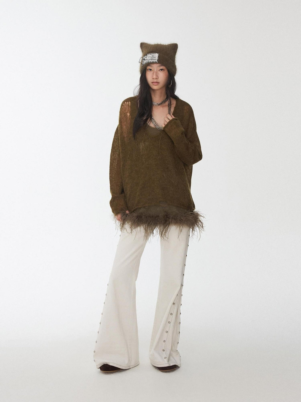 Star Cutout V-neck Sheer Relaxed Knit Women's Mohair Sweaters