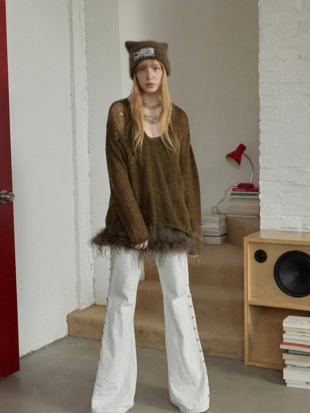 Star Cutout V-neck Sheer Relaxed Knit Women's Mohair Sweaters