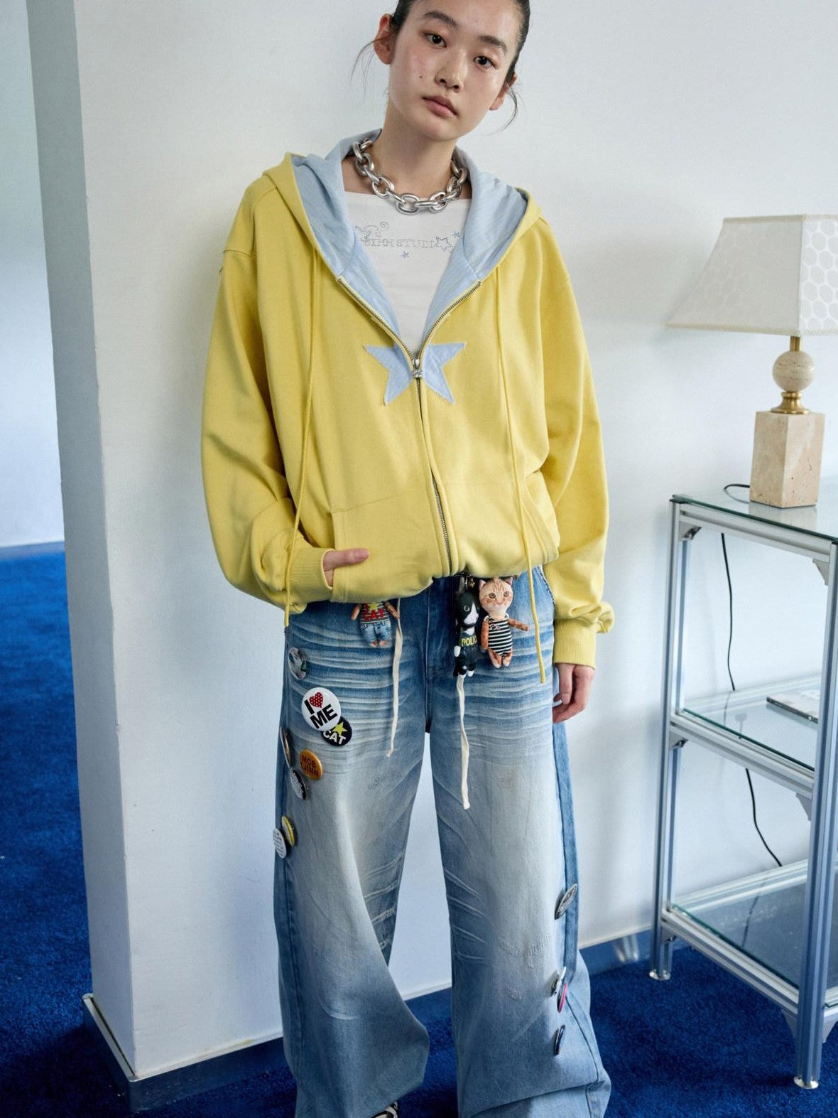 Star Plaid Patchwork Tulip Hem Drawstring Hood Women's Zip-up Hoodies