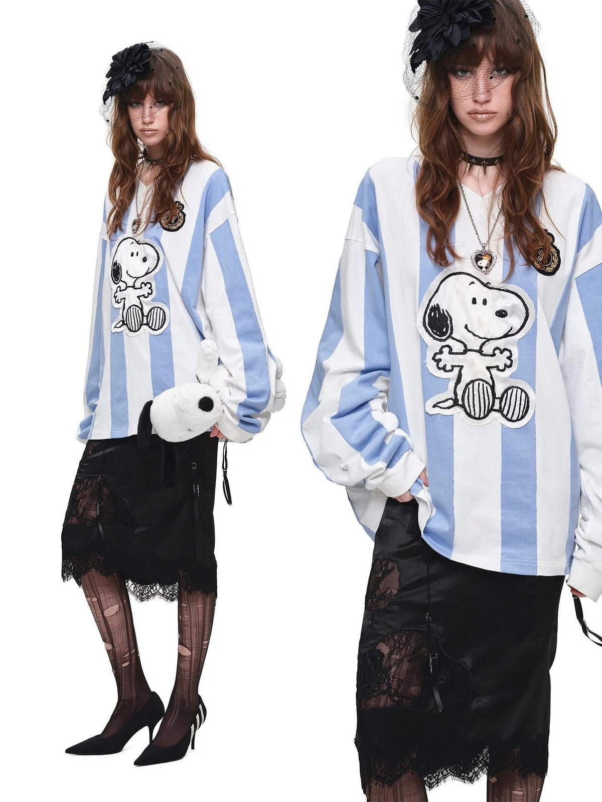 Striped Applique Embroidery Retro Loose Women's Cotton Long Sleeve T-shirts