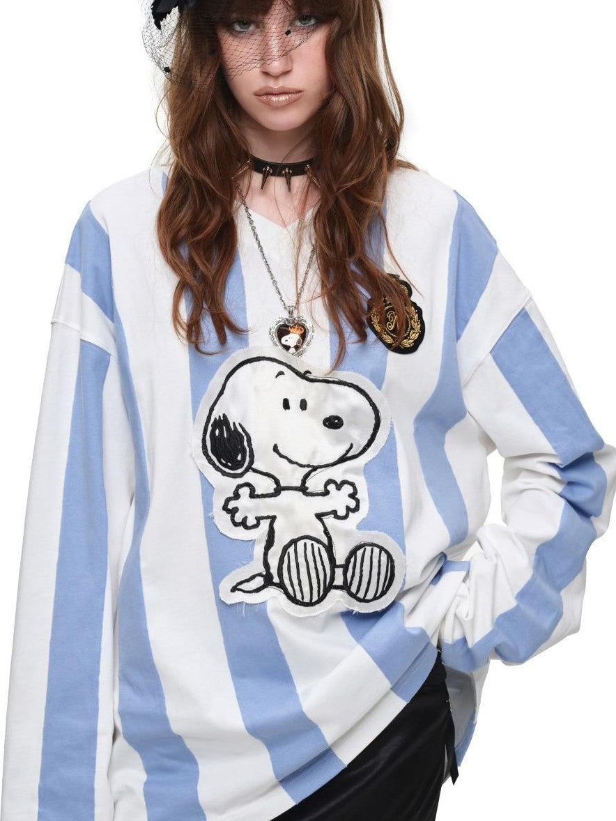 Striped Applique Embroidery Retro Loose Women's Cotton Long Sleeve T-shirts