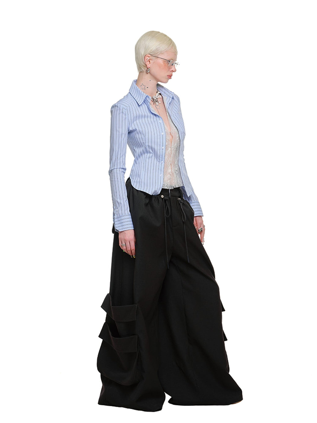 Striped Faux Two Piece Lace Patchwork Slim Fit Women's Lace Matching Skirt Sets