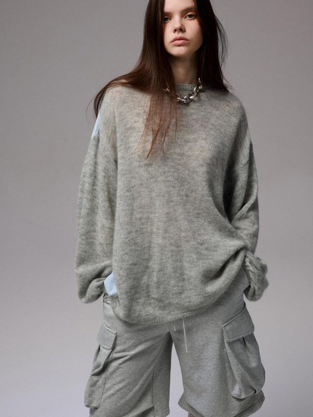 Striped Patchwork Drop Shoulder Loose Knit Women's Mohair Long Sleeve T-shirts