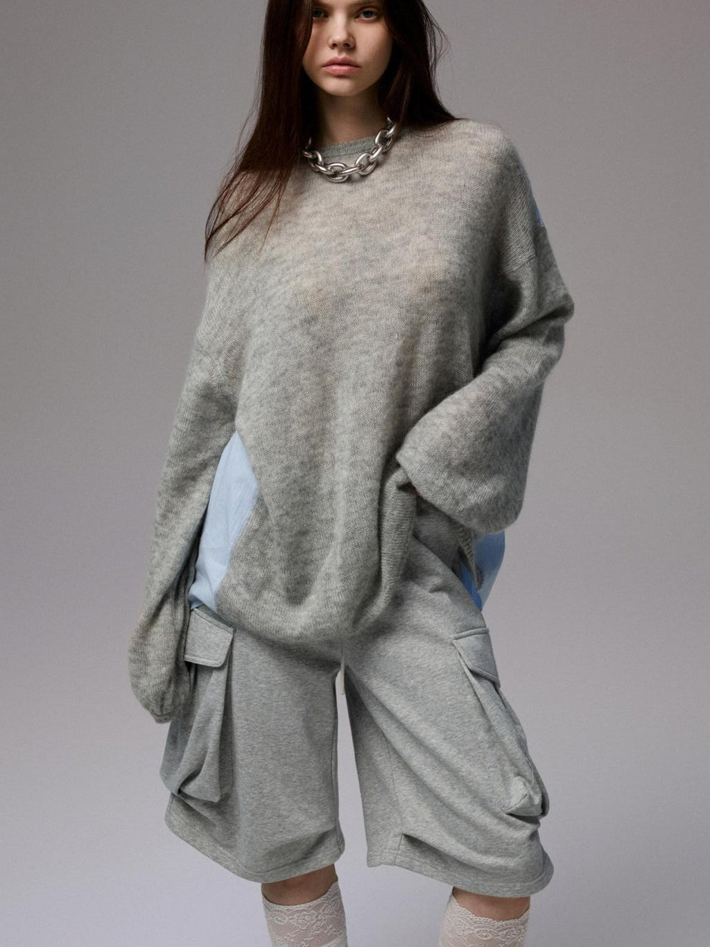 Striped Patchwork Drop Shoulder Loose Knit Women's Mohair Long Sleeve T-shirts