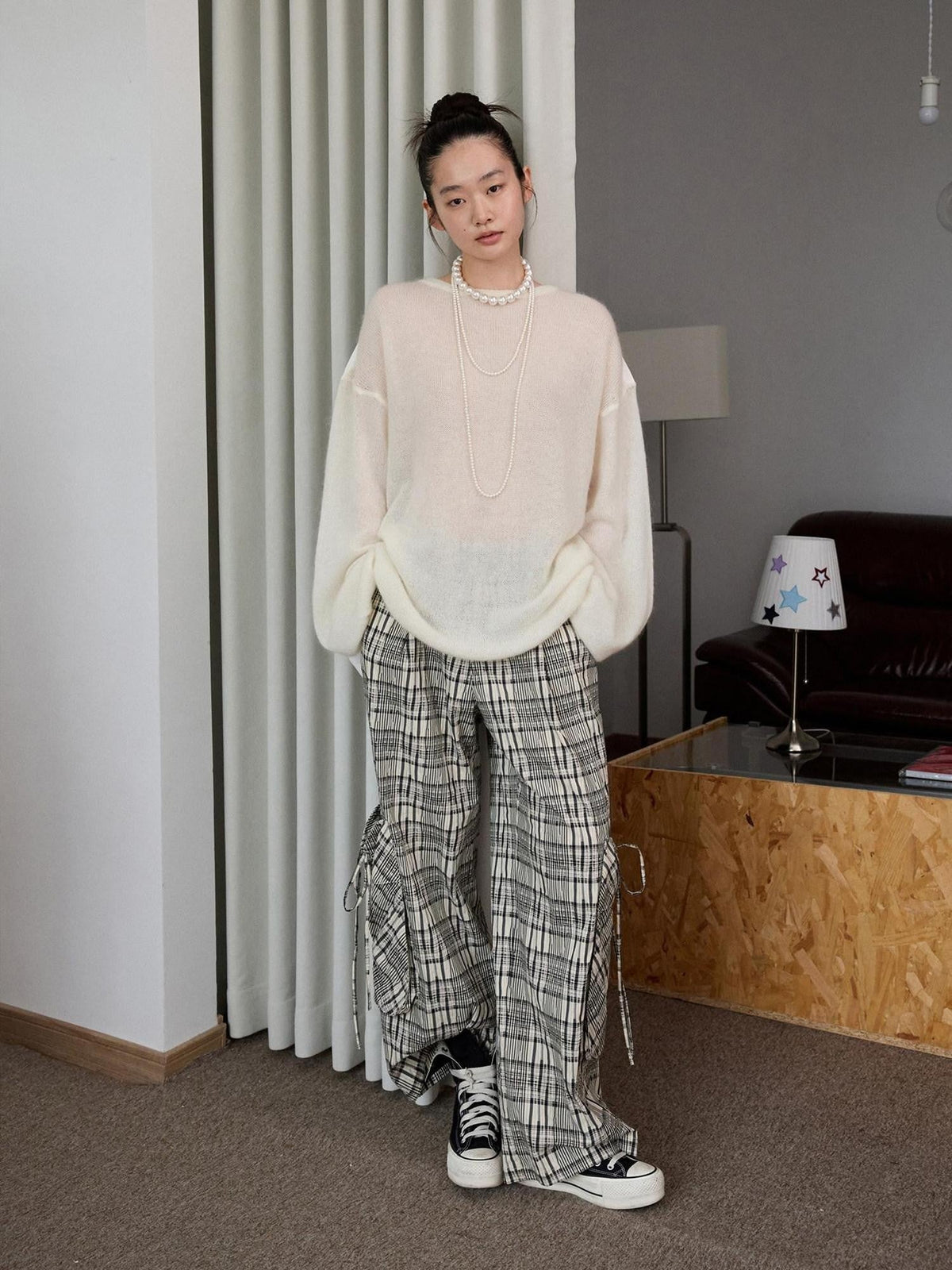 Striped Patchwork Drop Shoulder Loose Knit Women's Mohair Long Sleeve T-shirts